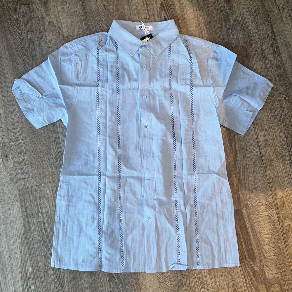 Runcati Men’s M Light Blue Cuban Guayabera Shirt Short Sleeve